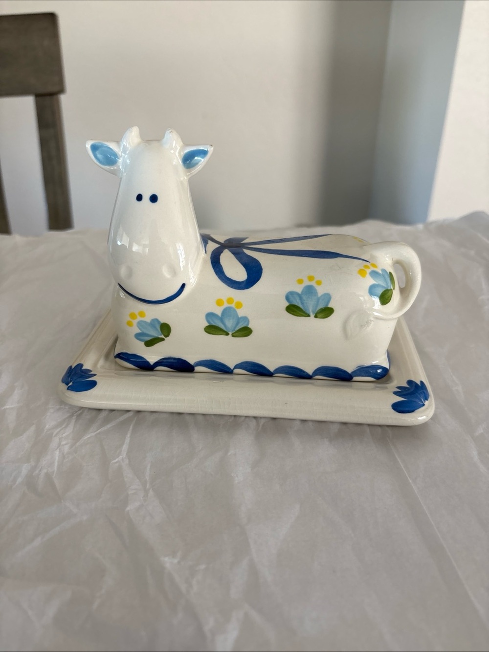 Hand Painted Pottery Butter Dish Tray Ceramic Cow  Artist Signed